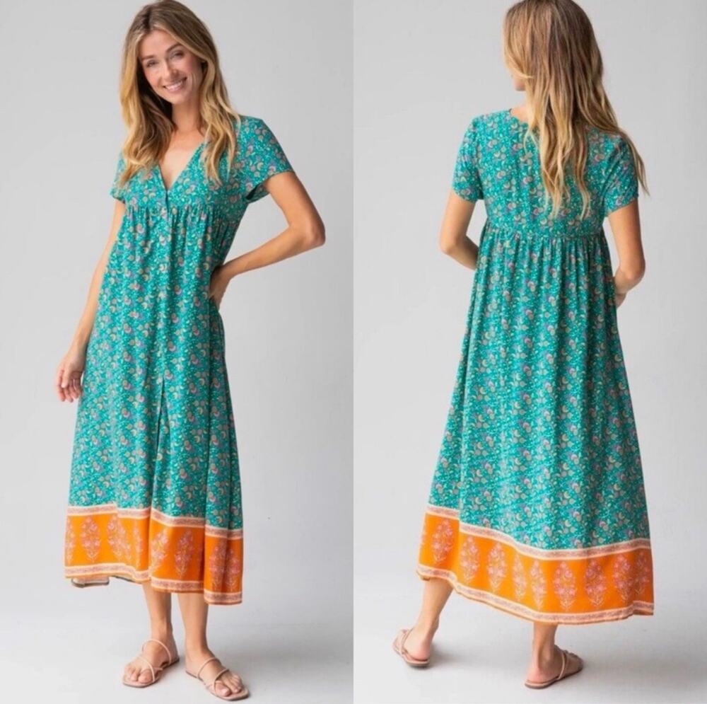 Natural Life Avery Button Front Midi
Dress Turquoise Floral XS/Small V-Neck Boho